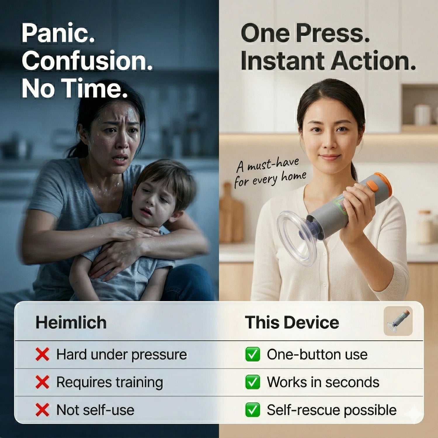 Comparison of choking rescue methods showing distressed mother and child beside woman holding anti-choking device for quick self-rescue at home.