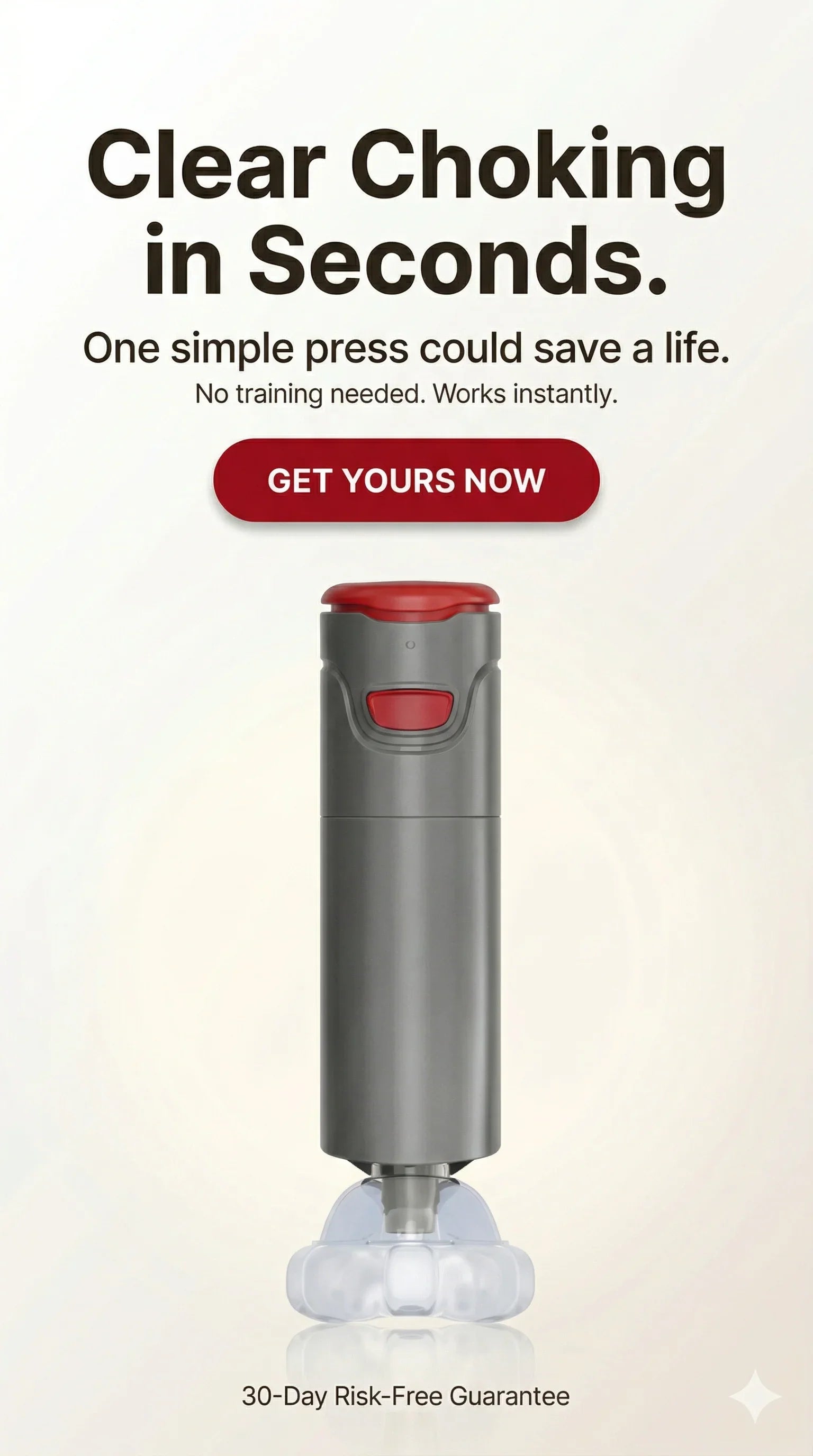 Anti-choking device with red button, clear airway mask, and urgent call to action text.