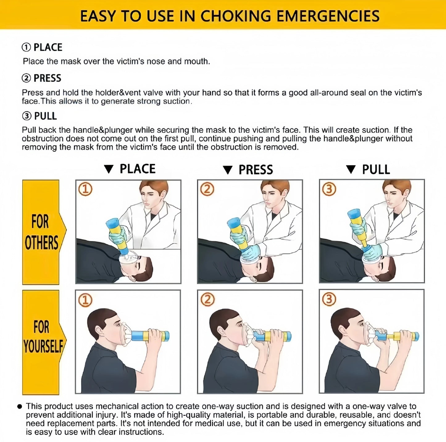 Step-by-step choking emergency suction device instructions for adults and self-use with illustrations.