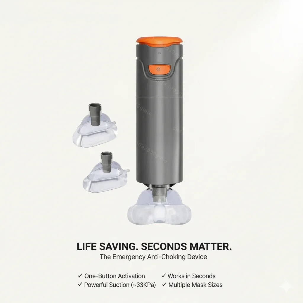 Emergency anti-choking device with orange button, suction masks, and safety features displayed.