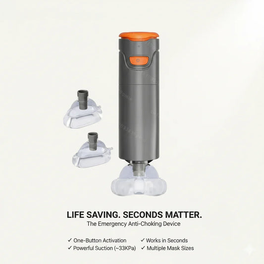 Emergency anti-choking device with orange button, suction masks, and safety features displayed.