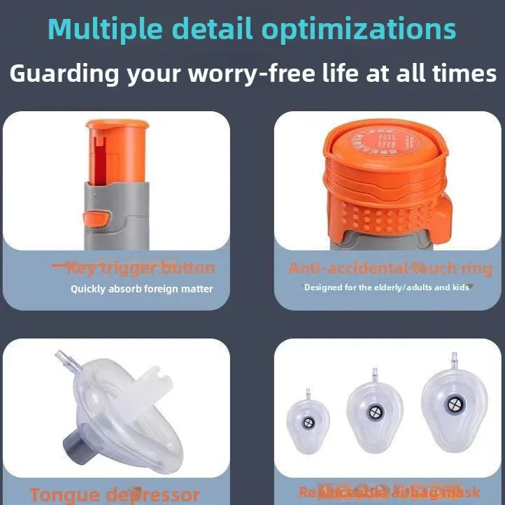 Choking rescue device features key trigger button, safety ring, tongue depressor, and replaceable airway masks